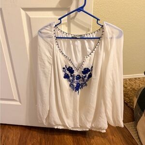 Valerie Stevens White Blouse with Blue Embroidery
